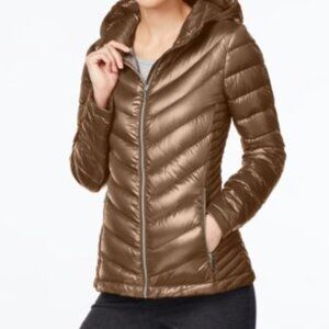 Calvin Klein Hooded Packable Down Lightweight Puffer Coat Brown Small